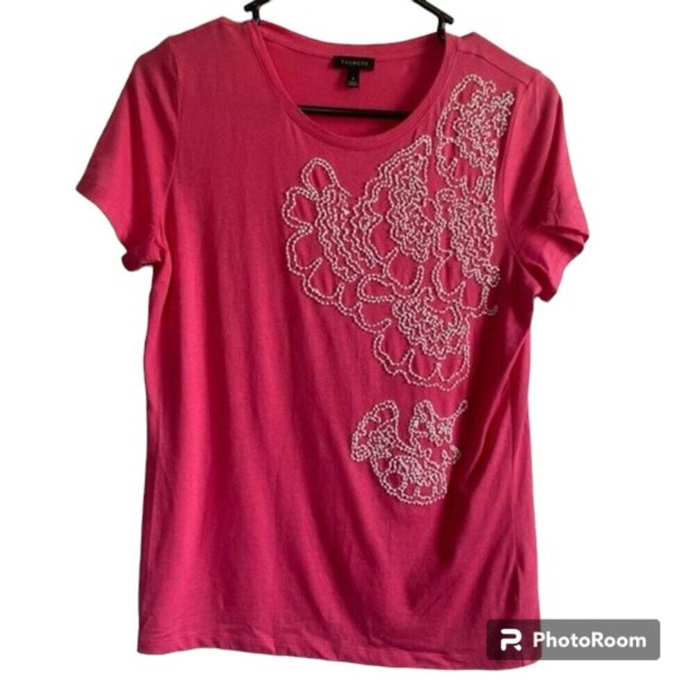 Talbots Crew Neck Top with Beaded Flowers Pink Size Small